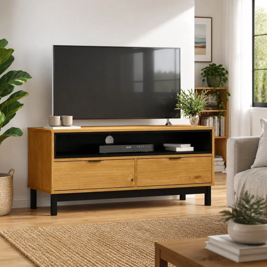 Solid Pine Wood TV Cabinet Brown 110x40x50cm Living Room Media Stand with Storage Compartments