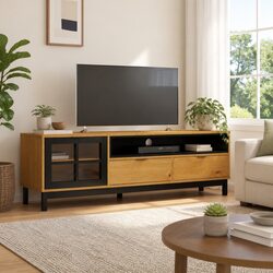 Solid Pine Wood TV Cabinet with Glass Door, 158x40x50cm