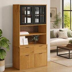 Solid Pine Wood Highboard Top Cabinet with Glass Doors