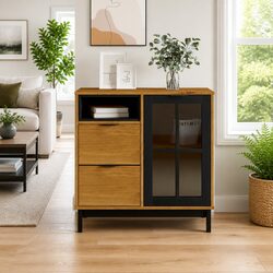 Stylish Solid Pine Wood Sideboard with Glass Door Access
