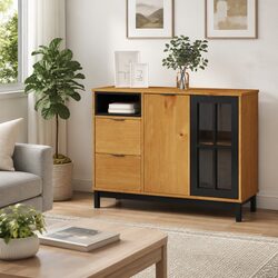 Solid Pine Wood Brown Storage Cabinet with Glass Door 110x40x80cm