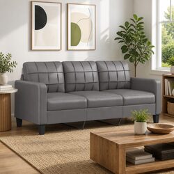 3-Seater Sofa in Grey Faux Leather - 180cm Lounge Couch