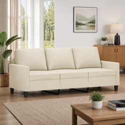 180cm 3-Seater Sofa in Cream Faux Leather with Metal Frame