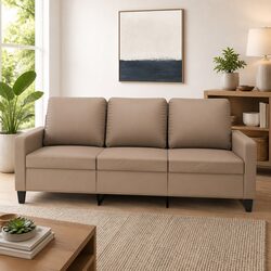 3-Seater Sofa in Brown Faux Leather with Metal Frame
