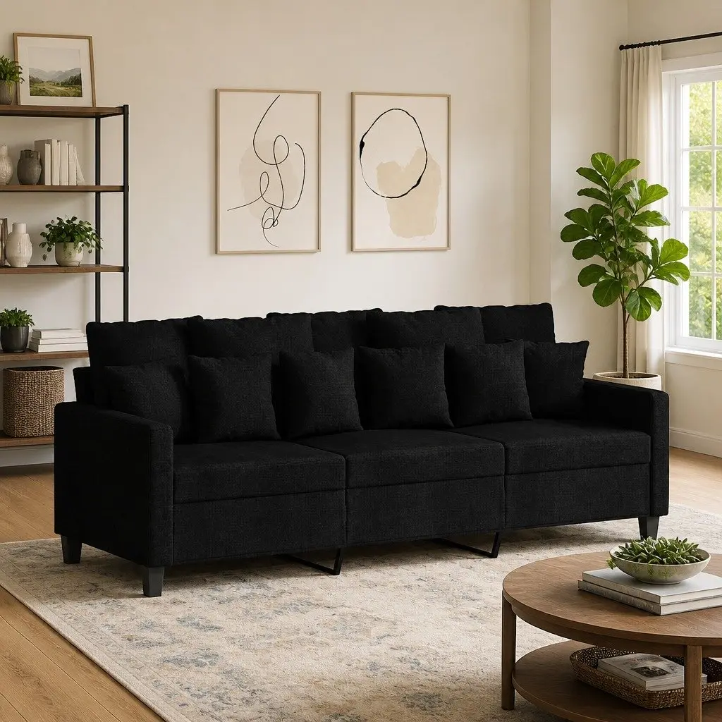 3-Seater Sofa Black 180cm Fabric Lounge Couch Living Room Furniture Modern