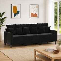 Modern Black Velvet 3-Seater Sofa with Metal Frame