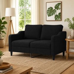 2-Seater Black Sofa with Metal Frame and Fabric Upholstery