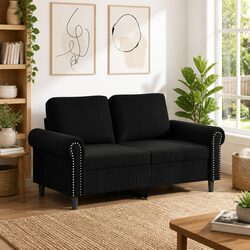 Modern 2-Seater Black Sofa with Velvet Upholstery