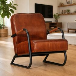 Brown Leather Armchair with Iron Frame for Living Rooms