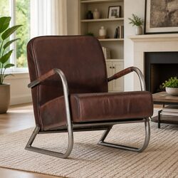 Industrial Iron Frame Brown Leather Sofa Chair