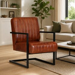 Brown Leather Armchair with Powder-Coated Iron Frame
