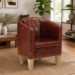 Brown Tub Chair with Real Leather and Mango Wood Frame