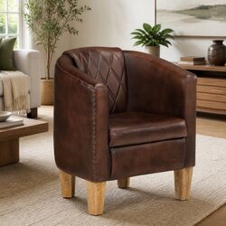 Real Leather Tub Chair with Mango Wood Frame