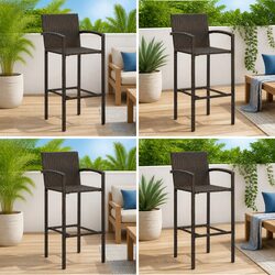Set of 4 Brown Bar Stools with Armrests and Footrests