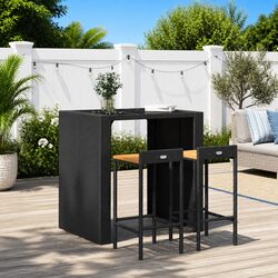 Black Bar Stools Set of 2 with Poly Rattan and Wood Seat