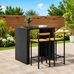 Set of 2 Bar Stools in Black Poly Rattan and Wood