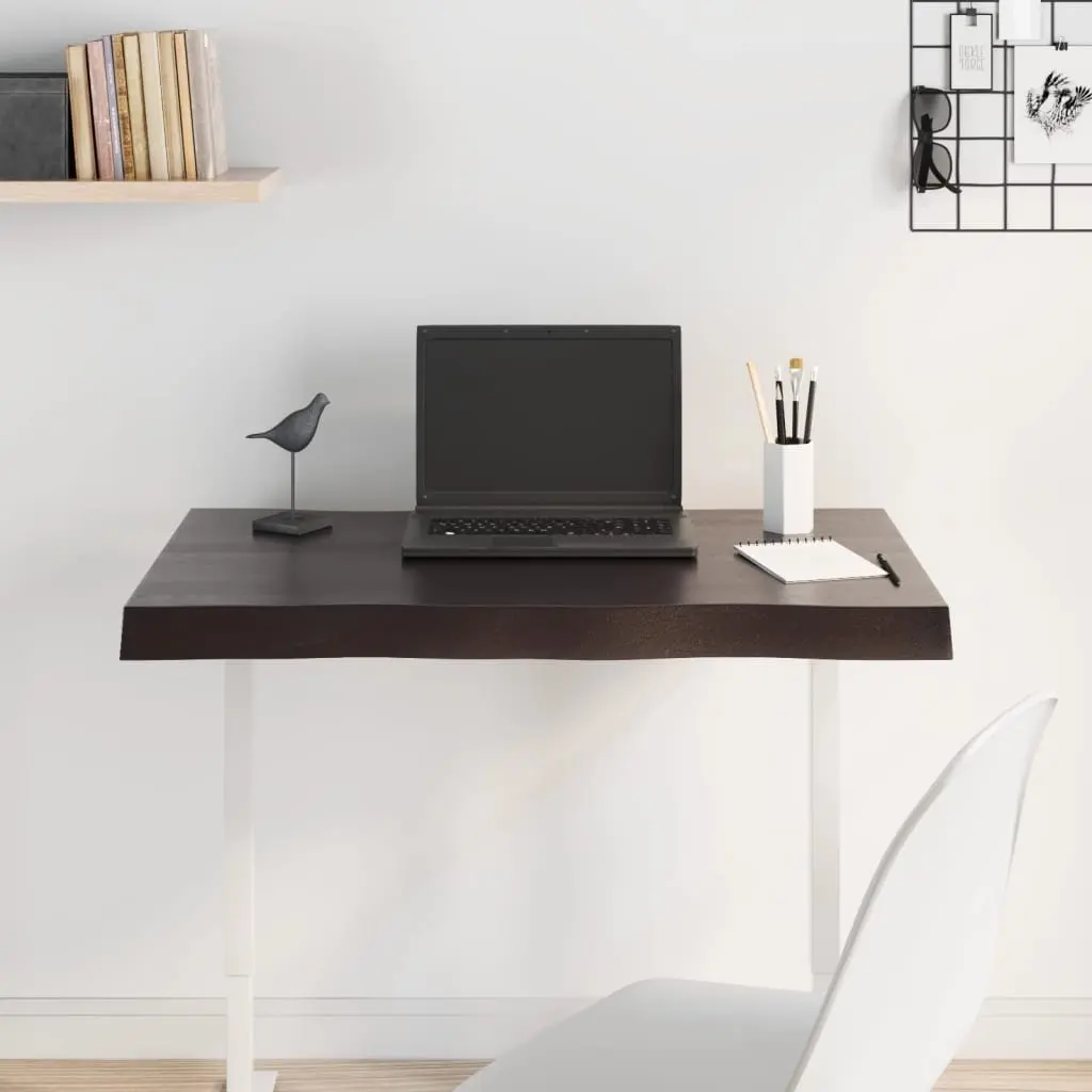 Solid Oak Wood Tabletop Live Edge Dark Brown 80x60cm Handcrafted Replacement