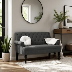 Grey Fabric Bench with Backrest and Button Tufts