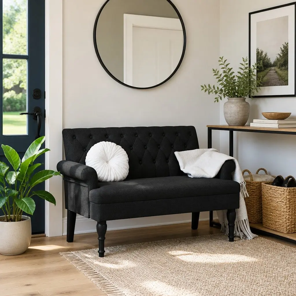 Bench with Backrest Padded Seat Armrests Black Fabric 120 x 62 x 75.5 cm