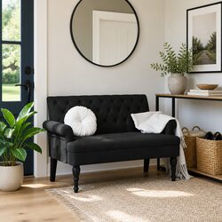 Black Fabric Bench with Backrest and Tufted Design