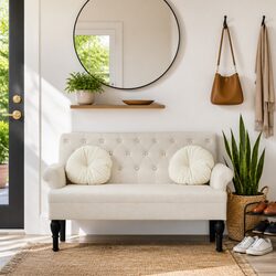 Backrest Bench in Cream Linen with Solid Rubber Wood Feet