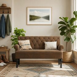 Faux Suede Leather Bench with Backrest, Brown
