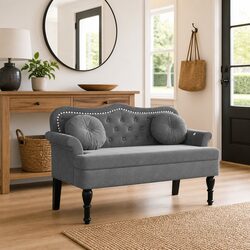 Grey Velvet Bench with Backrest and Cushions