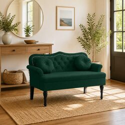 Velvet Upholstered Bench with Padded Backrest in Dark Green
