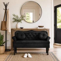 Black Velvet Bench with Cushions and Tufts