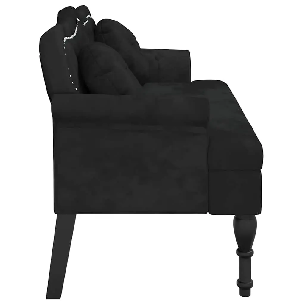 Bench with Cushions Black Velvet Seating Backrest Armrests Button Tufts Home