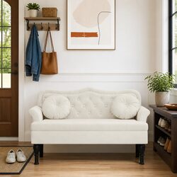 Cream Velvet Upholstered Bench with Cushions