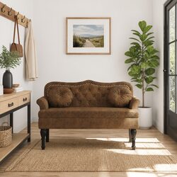 Faux Suede Upholstered Bench with Cushions and Armrests