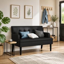Black Faux Leather Bench with Backrest and Armrest