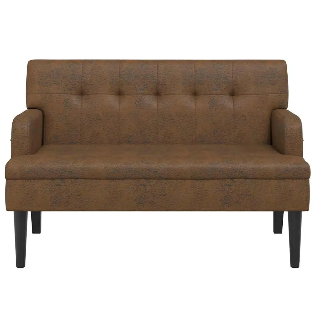 Bench with Backrest Brown Faux Suede Leather Seating Armrests Wooden Feet