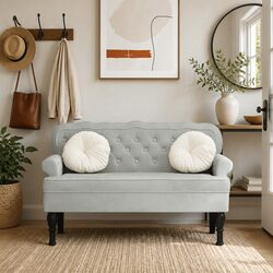 Grey Velvet Bench with Backrest and Armrests