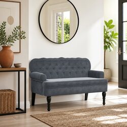 Grey Velvet Bench with Backrest and Padded Seating