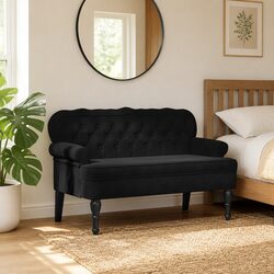 Black Velvet Padded Bench with Backrest