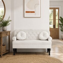 Padded Velvet Backrest Bench in Cream