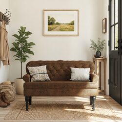 Faux Suede Leather Bench with Backrest in Brown