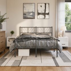 Black Metal Bed Frame with Headboard and Footboard 135x190 cm