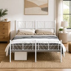 Stylish White Metal Bed Frame 150x200 cm with Headboard