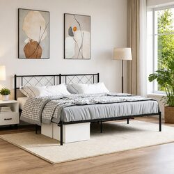 King Metal Bed Frame with Headboard - Black Steel Design