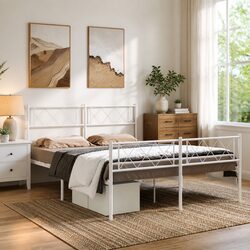 White Metal Bed Frame 150x200 cm with Headboard and Footboard