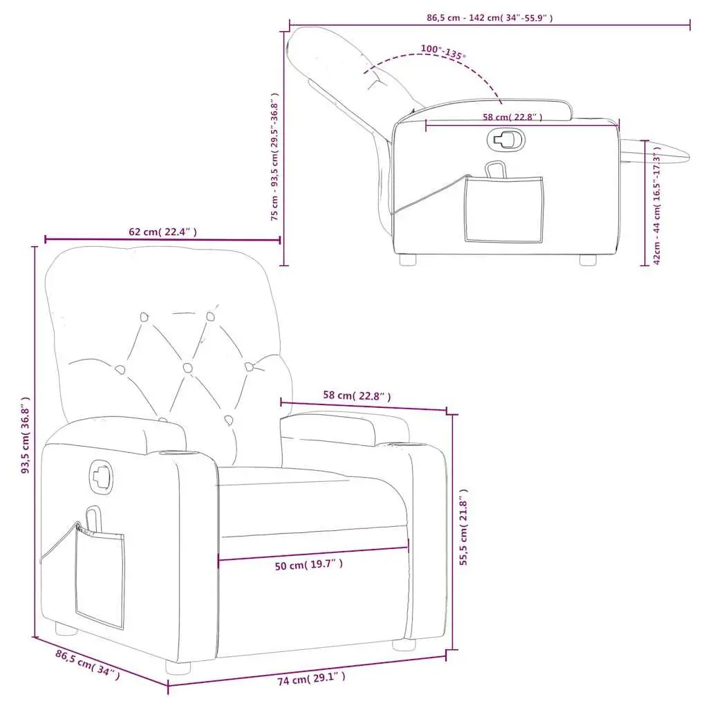 Massage Recliner Chair Manual Recline Vibration 135 Degrees Grey Fabric