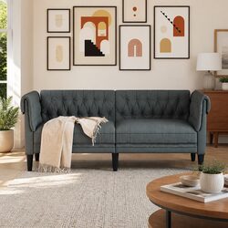 2-Seater Chesterfield Sofa in Grey Fabric with Deep Backrest