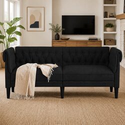 2-Seater Chesterfield Sofa with Black Fabric Upholstery