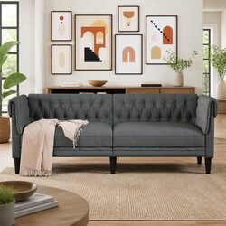 3-Seater Chesterfield Sofa Grey Fabric with Rolled Arms