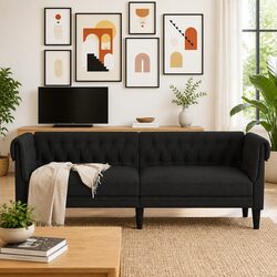 3-Seater Chesterfield Sofa in Black Fabric – Deep Backrest
