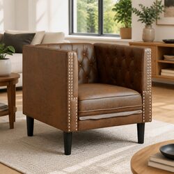 Button Tufted Brown Chesterfield Chair with Faux Suede