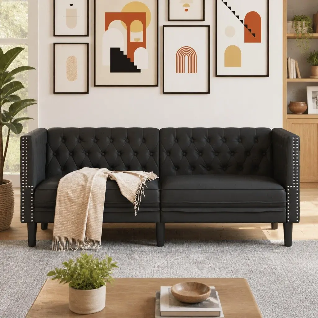 2-Seater Chesterfield Sofa Black Faux Leather Button Tufted Living Room